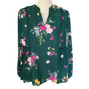 Old Navy Green Floral Spring Blouse Long Sleeve Large V-Neck Peplum New